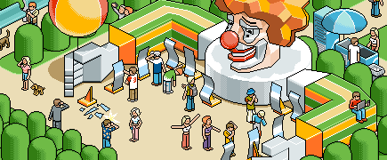 isometric pixel art illustration showing a colorful amusement park scene with people walking, talking, and playing near a giant clown face entrance, part of the mts mobile operator campaign