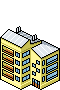 isometric pixel art illustration of a two-section residential building with yellow walls, blue windows, and a slanted roof for pixelcity game