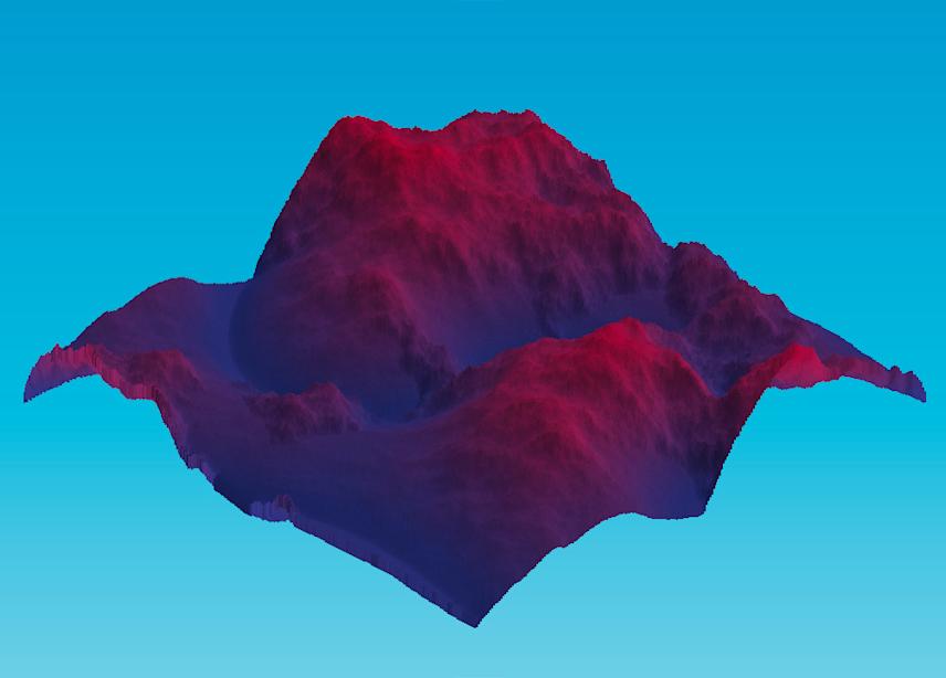 image generated using the landcraft program, depicting an isometric 3d terrain with mountain ridges and valleys illuminated in red and blue gradients, creating a stylized topographic effect