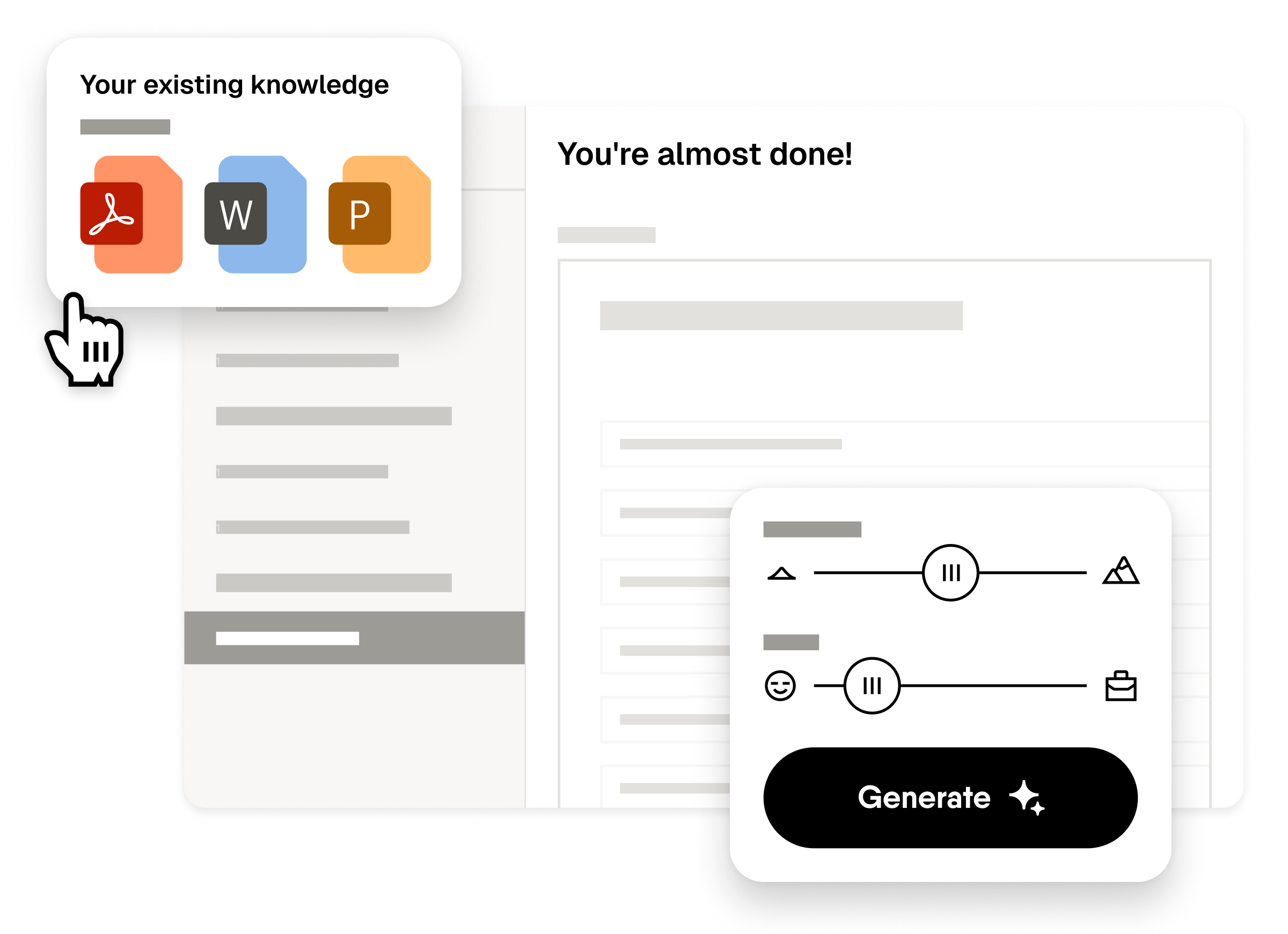 Simplified and composed UI representation illustrating how various document formats are converted into e-learning courses