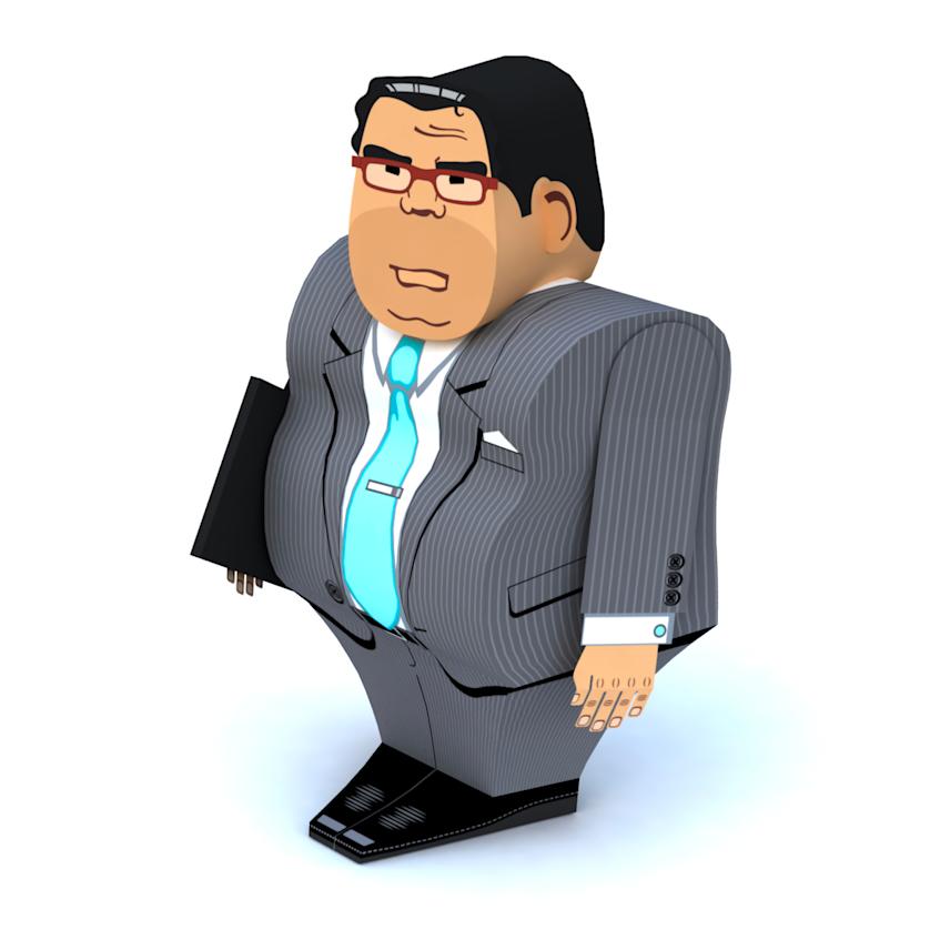 3d visualization of a paper figurine representing an investment manager character from the money basket game