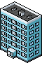 isometric pixel art illustration of a light blue mid-rise office or residential building with a flat roof and small entrance extension