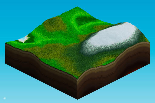 image generated using the landcraft program, showing an isometric 3d landscape with green hills, snowy mountain areas, and visible terrain layers underneath