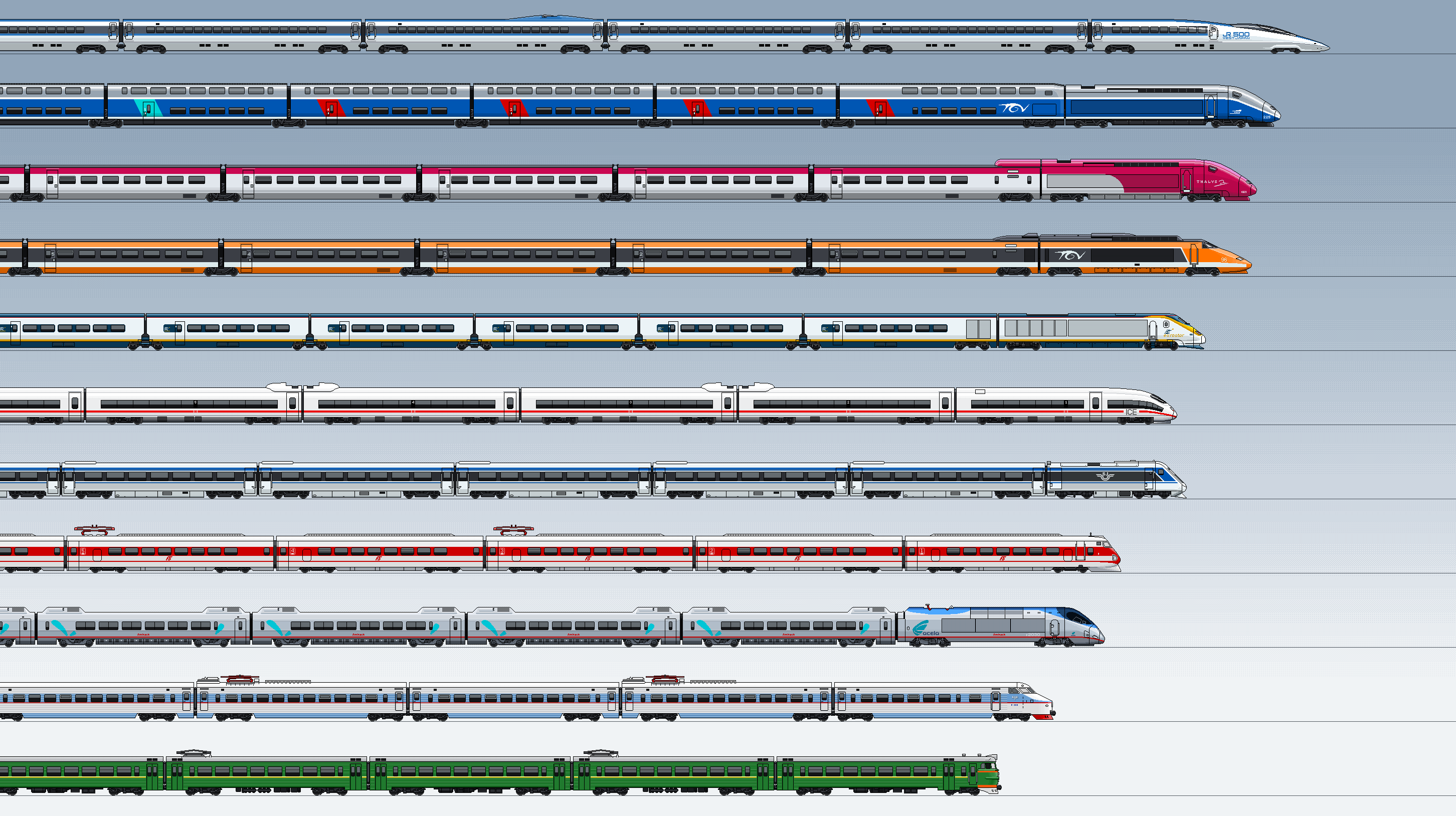 diagram of high-speed trains showing different models and their maximum speeds, illustrated in a technical style with side profiles of each train for afisha magazine