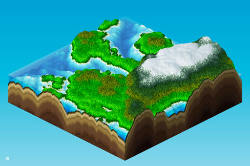 image generated using the landcraft program, showing a stylized 3d terrain with forests, rivers, and snow-covered mountains in an isometric view