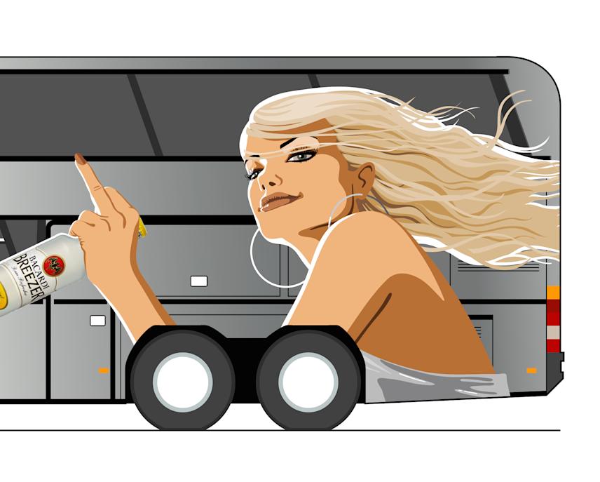 vector illustration concept for a bacardi promotional bus featuring a stylized blonde woman with flowing hair holding a bacardi breezer bottle, integrated into the vehicle’s design for an eye-catching advertisement