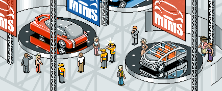 isometric pixel art illustration depicting an auto show exhibition with futuristic car models and visitors walking among display stands under banners labeled mtms