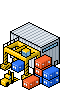 isometric pixel art illustration of a cargo terminal featuring a warehouse, a yellow crane, and colorful stacked shipping containers