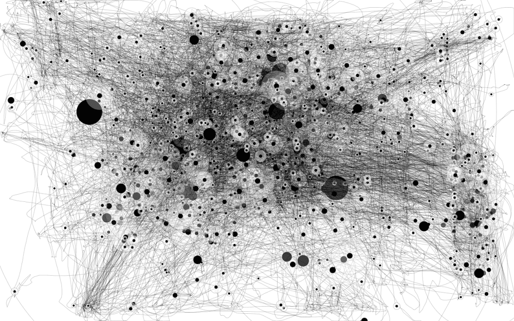Traces of the mouse movements and marks of the idle made through a few hours of working in Photoshop drawn by the IOGraph application
