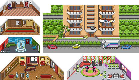 pixel art backgrounds from the dan & max game created for nokia, showing detailed isometric interiors and city exteriors including apartments, a music room, a futuristic lab, and a colorful lounge