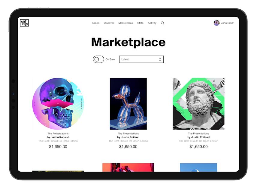 marketplace view of the artbits web app