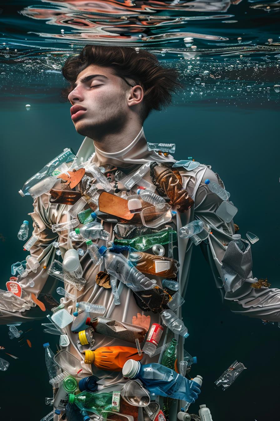 A man wearing an outfit made of plastic waste, floating in the ocean with bottles and garbage around him. Portrait photography, underwater photography. The style is futuristic fashion photography, with an extremely detailed portrait, inspired in the style of social media portraiture, and environmental awareness.