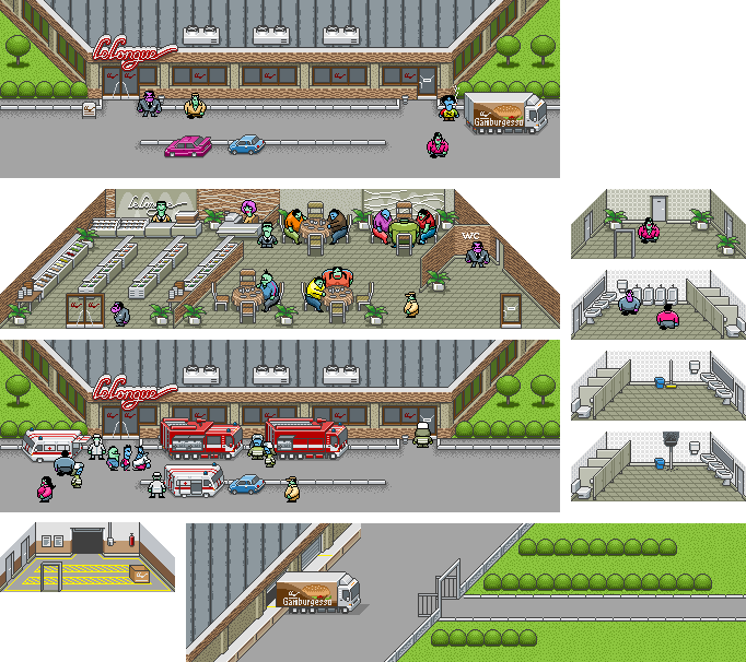 pixel art scene from the dan & max game created for nokia, depicting a detailed isometric café and parking area with multiple characters, vehicles, and interiors such as restrooms and service rooms