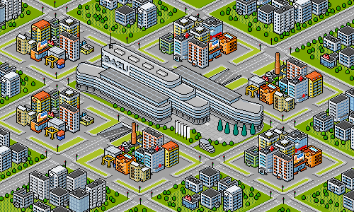 isometric pixel art illustration of a futuristic city district featuring a large curved central building surrounded by smaller residential and industrial blocks, green parks, and intersecting roads