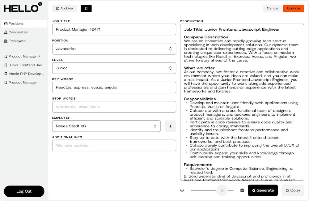 Position editing screen with AI-assisted field autofill