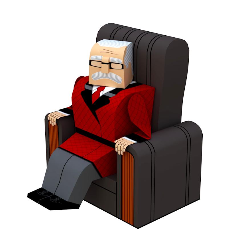 3d visualization of a paper figurine representing an misterious consultant character from the money basket game