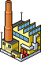 isometric pixel art illustration of an industrial factory building with a tall orange chimney, yellow walls, and silver ventilation pipes for pixelcity game