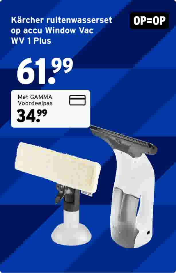 Kärcher ruitenwasserset met accu Window Vac WV 1 Plus en wisser op blauwe achtergrond, prijs 61,99 euro of 34,99 met GAMMA Voordeelpas.