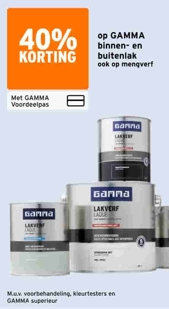 40% korting op GAMMA binnen- en buitenlak, ook op mengverf, met GAMMA Voordeelpas. Afbeelding van drie blikken GAMMA lakverf.