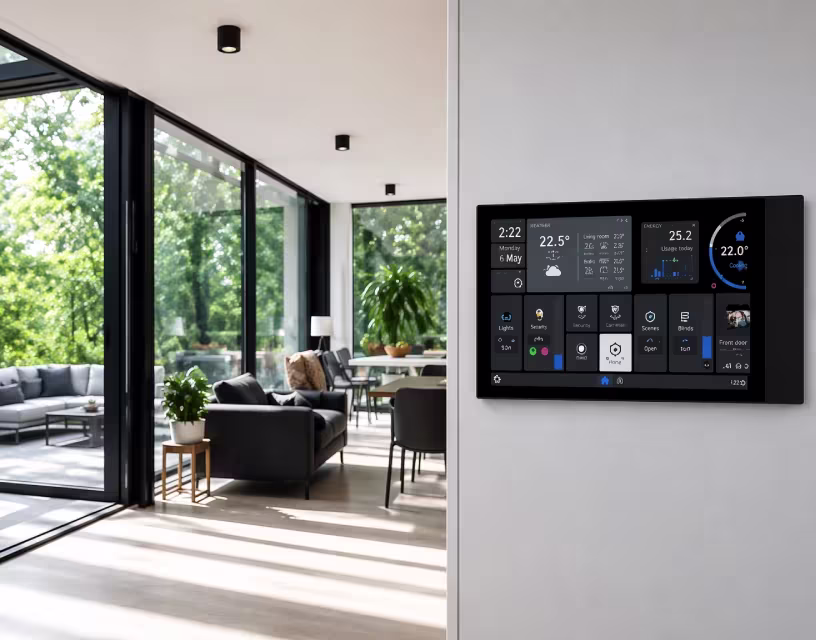 Modern smart home touchscreen paneel op witte muur met woonkamer en grote ramen op de achtergrond