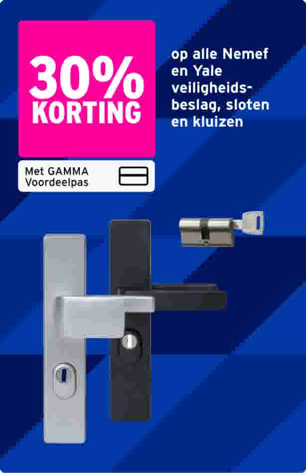 30% korting op Nemef en Yale veiligheidsbeslag, sloten en kluizen met GAMMA Voordeelpas op blauwe achtergrond