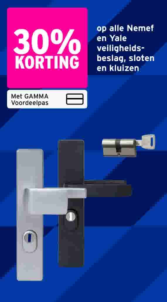 30% korting op Nemef en Yale veiligheidsbeslag, sloten en kluizen met GAMMA Voordeelpas op blauwe achtergrond.