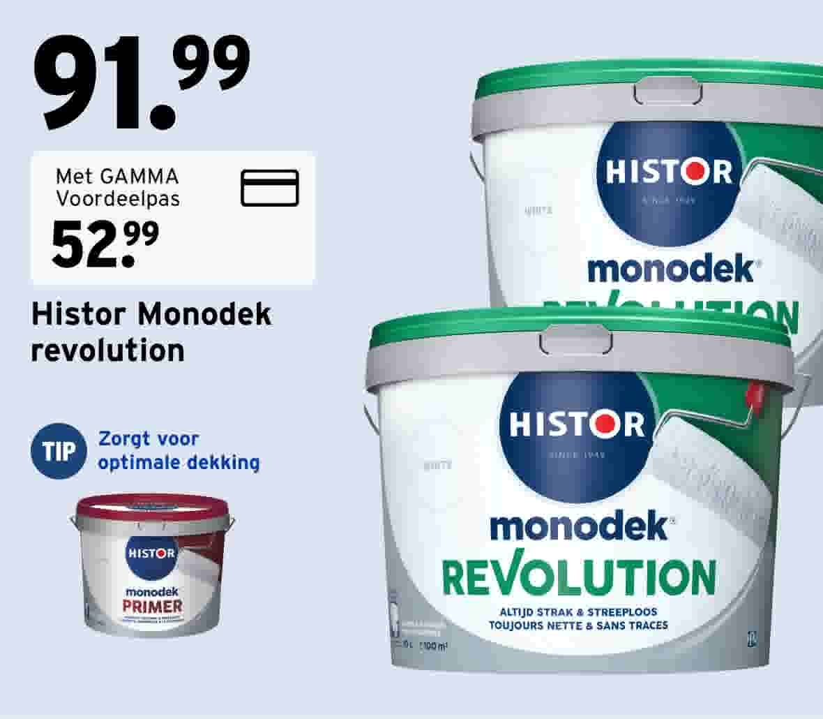 Twee witte emmers Histor Monodek Revolution verf met groene deksels, prijs €91,99 of €52,99 met GAMMA Voordeelpas.