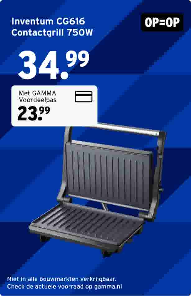 Inventum CG616 contactgrill 750W op blauwe achtergrond, prijs 34,99 euro, met GAMMA Voordeelpas 23,99 euro.