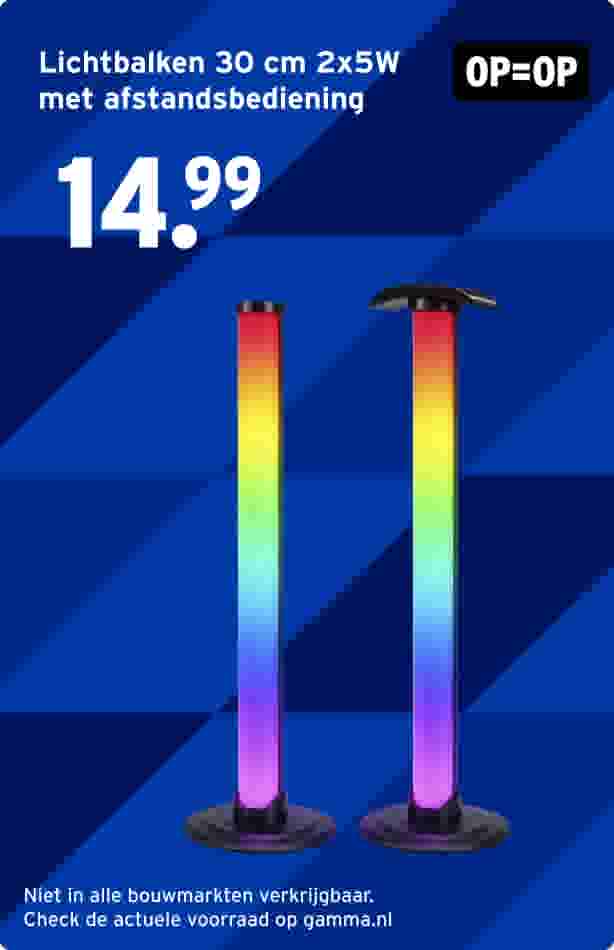 Twee kleurrijke LED-lichtbalken van 30 cm met regenboogverlichting op blauwe achtergrond, aangeboden voor 14,99 euro.