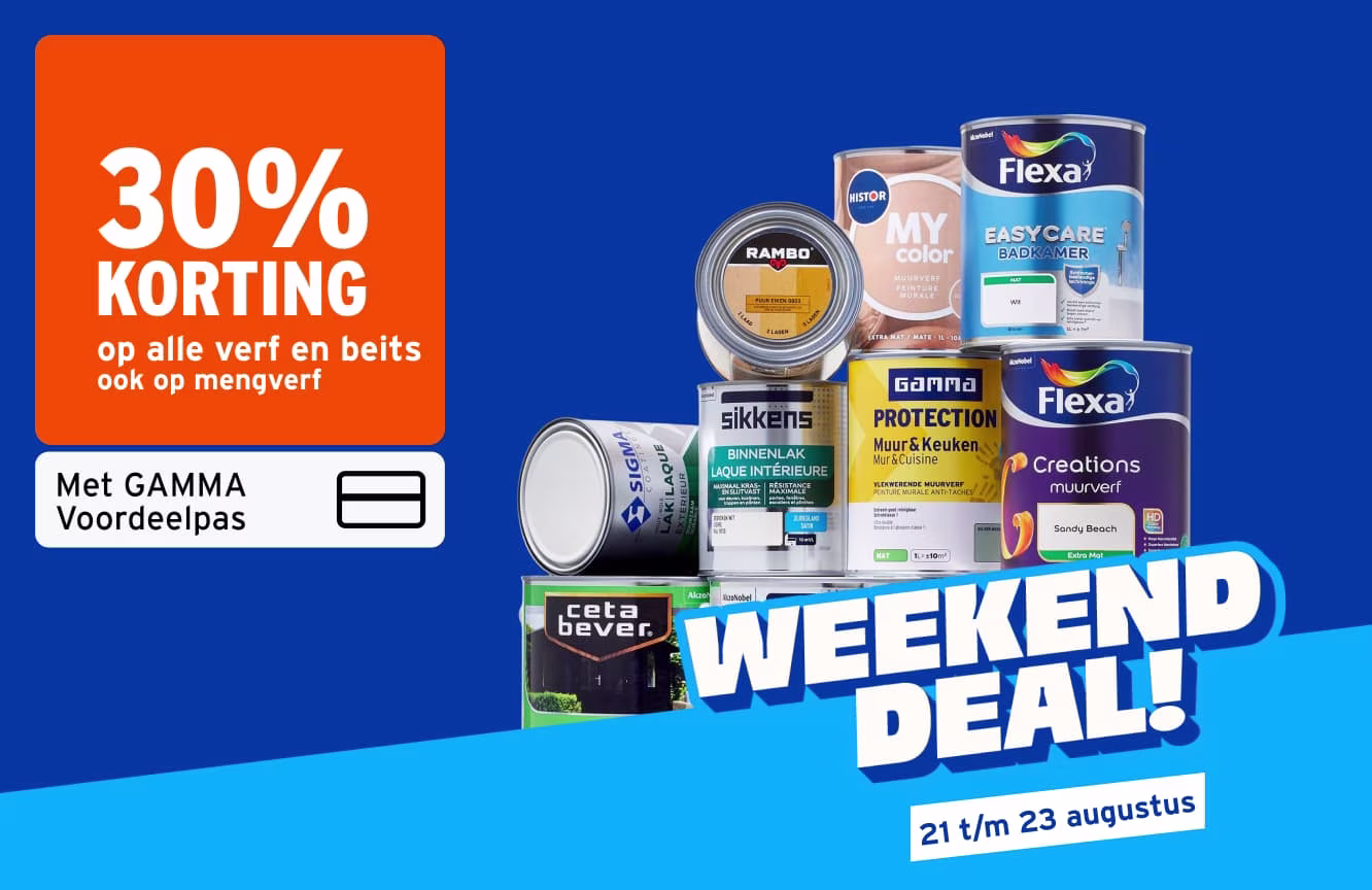 Weekend Deal: 30% korting op verfblikken van merken als Flexa, Sikkens en Gamma, geldig 21 t/m 23 augustus met GAMMA Voordeelpas.