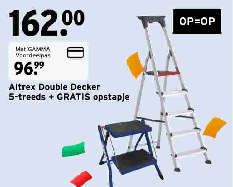Altrex Double Decker ladder met 5 treden en een gratis opstapje, geprijsd op €162,00, nu €96,99 met GAMMA Voordeelpas.