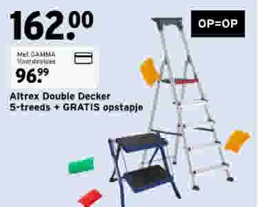Altrex Double Decker ladder met 5 treden en een gratis opstapje, geprijsd op €162,00, nu €96,99 met GAMMA Voordeelpas.