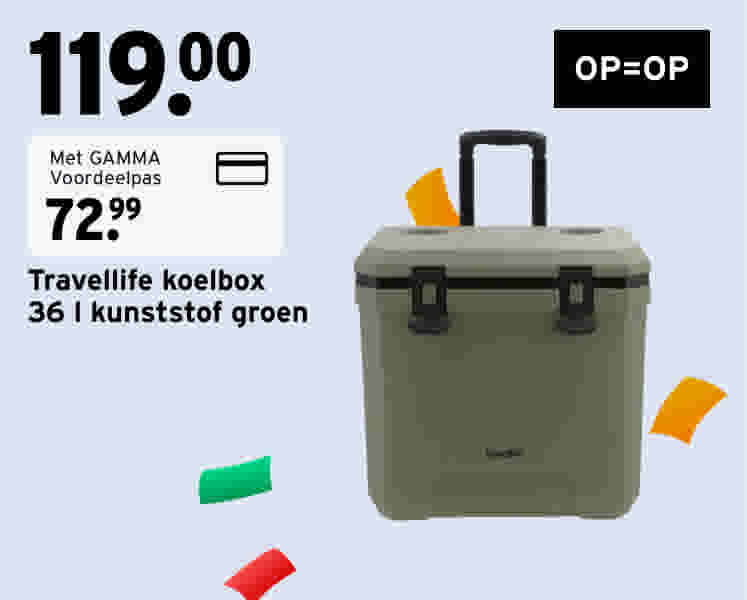 Groene Travellife koelbox van 36 liter kunststof met uittrekbare handgreep, geprijsd op €119,00 (€72,99 met GAMMA Voordeelpas).