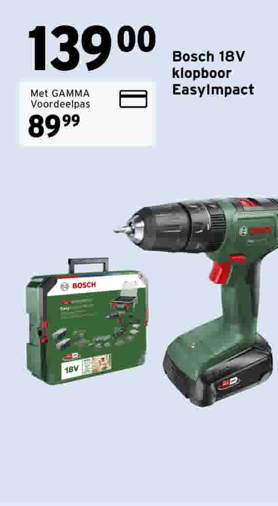Bosch 18V EasyImpact klopboor in groen met rode trekker, naast een groene koffer met accessoires. Prijs: €139,00, met pas €89,99.