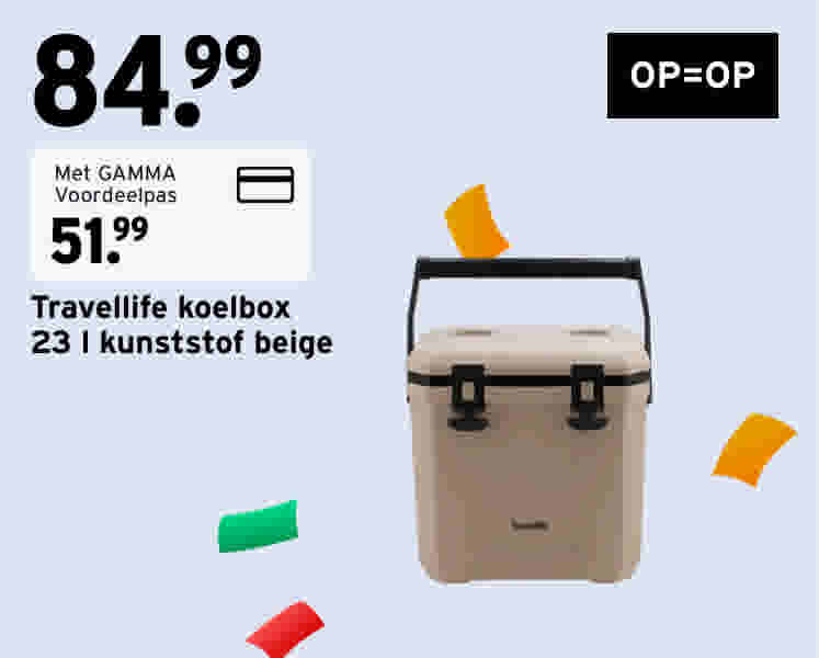 Groene Travellife koelbox van 23 liter kunststof met zwart handvat en sluitingen, geprijsd op €84,99 of €51,99 met GAMMA Voordeelpas.