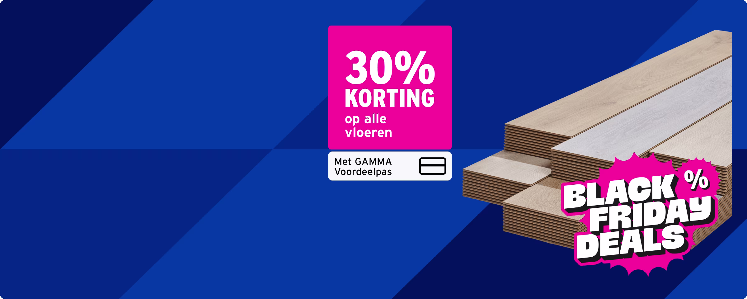 Black Friday aanbieding: 30% korting op alle vloeren met GAMMA Voordeelpas, stapel laminaatvloeren op blauwe achtergrond
