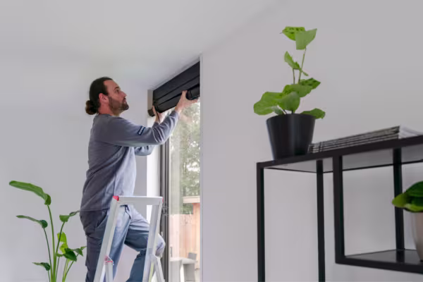 Man in blauwe kleding plaatst een zwarte jaloezie bij een raam in een modern wit interieur met kamerplanten.