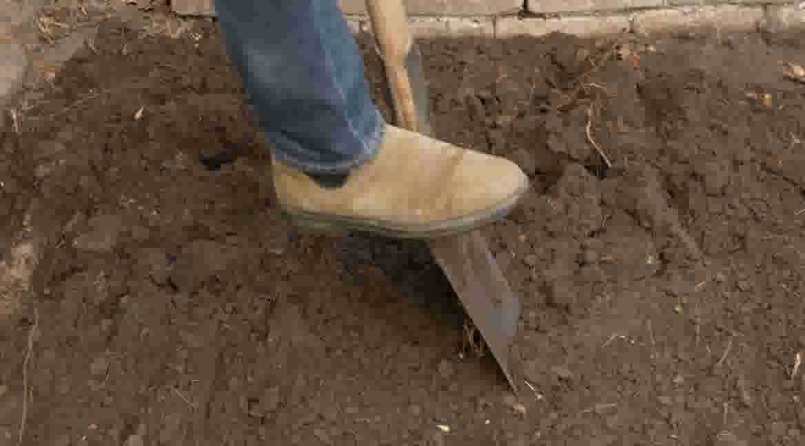 GAMMA klusser duwt een spade in donkere aarde om het om te spitten.