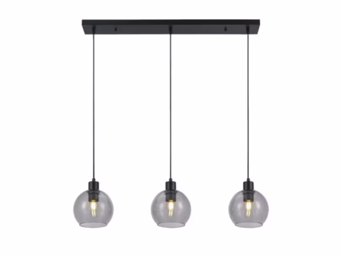Moderne hanglamp met drie ronde, grijze glazen kappen aan dunne zwarte draden, bevestigd aan een rechthoekige zwarte basis.