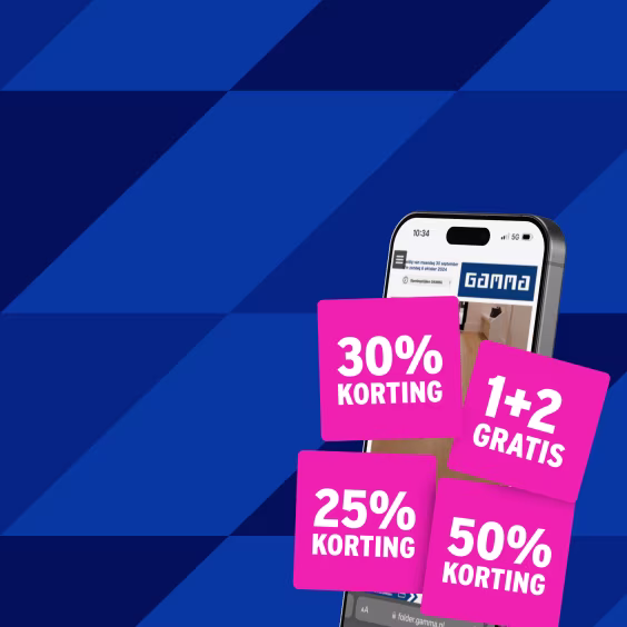 Smartphone met GAMMA-app en roze kortingslabels: 30% korting, 1+1 gratis, 2e halve prijs, 50% korting.