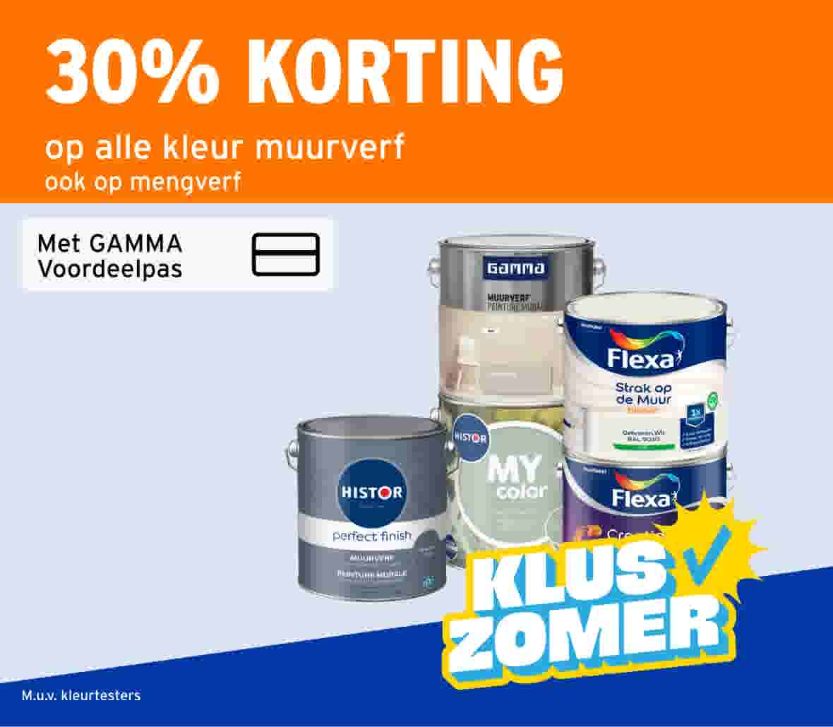 Potten muurverf van GAMMA, Histor en Flexa. 30% korting met GAMMA Voordeelpas, ook op mengverf. Kluszomer actie.
