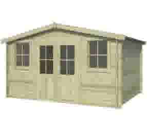 Houten tuinhuis met puntdak en ramen