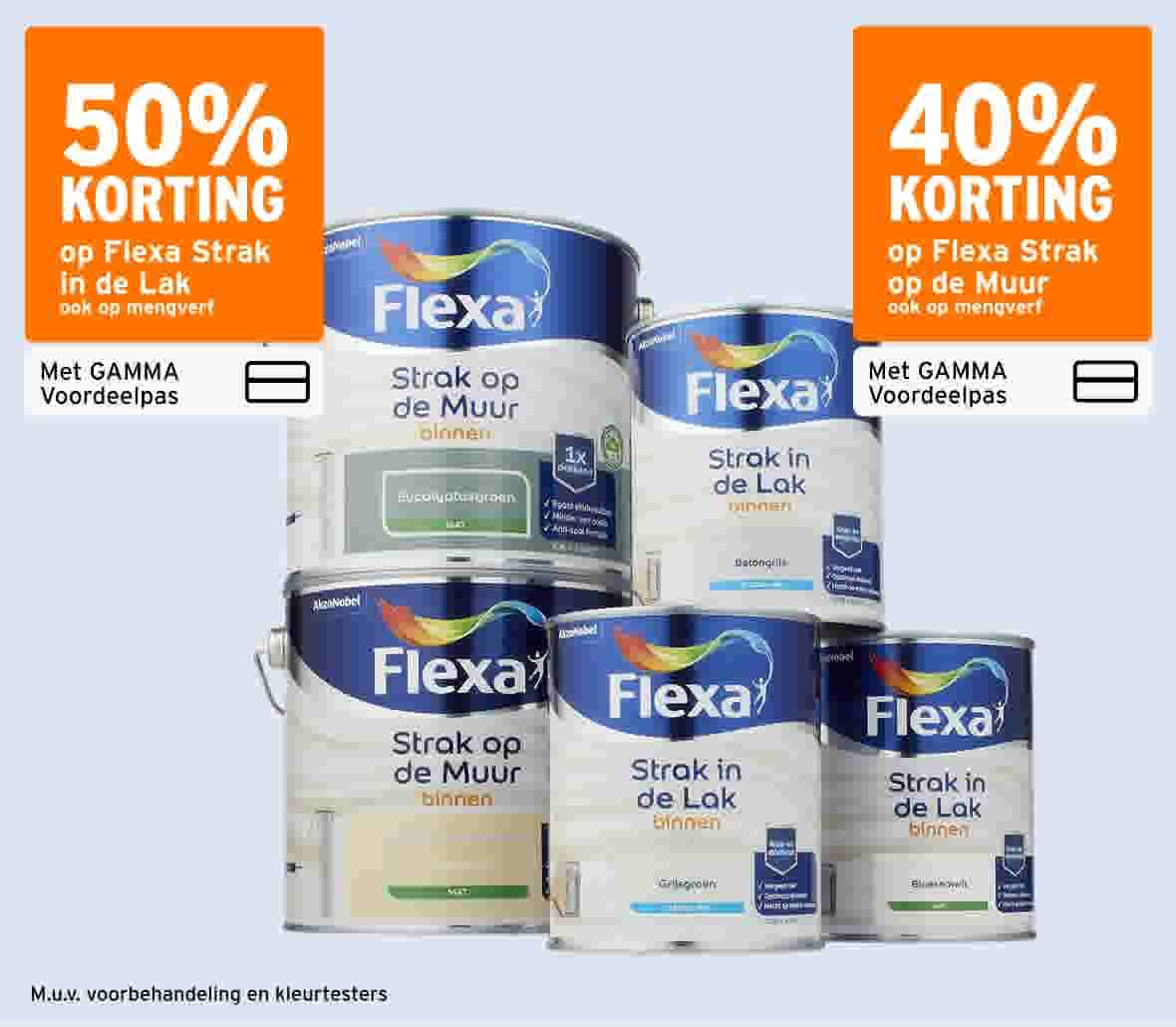 Flexa verfblikken met kortingsaanbieding: 50% korting op Strak in de Lak en 40% korting op Strak op de Muur.