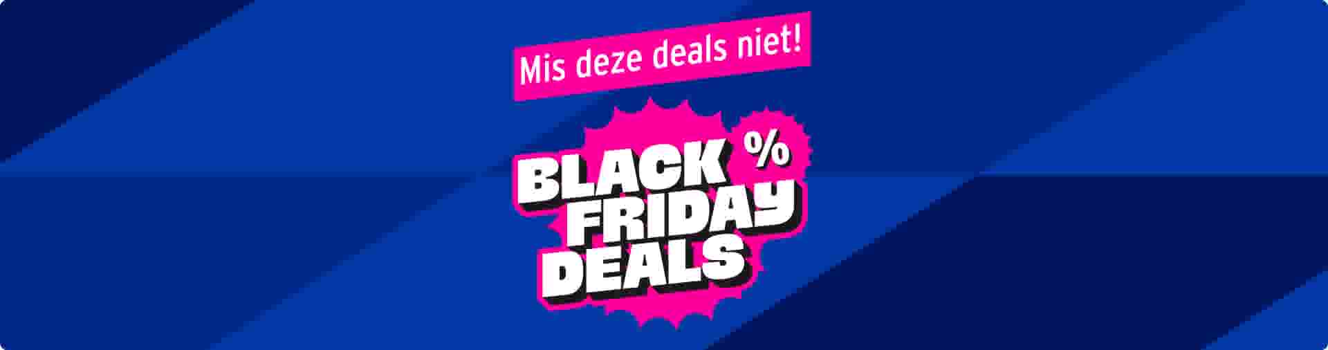 Black Friday Deals promotie met roze explosievorm op blauwe achtergrond met tekst "Mis deze deals niet!"
