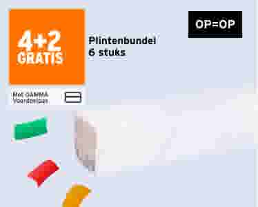 Witte plintenbundel van 6 stuks met 4+2 gratis aanbieding. Op=Op actie, beschikbaar met GAMMA Voordeelpas.