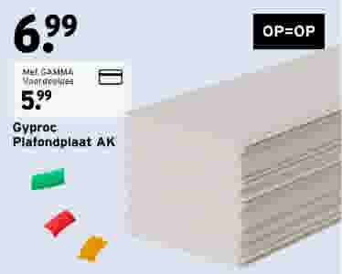 Stapel grijze Gyproc plafondplaten AK, geprijsd op €6,99 of €5,99 met GAMMA Voordeelpas. Op=Op aanbieding.