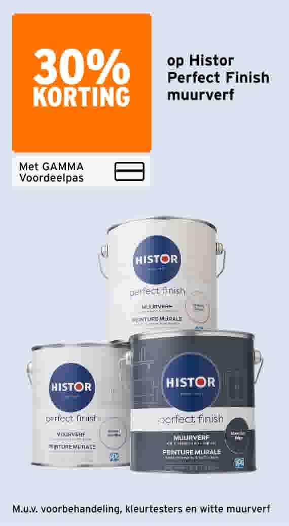 30% korting op Histor Perfect Finish muurverf, met GAMMA Voordeelpas. Drie gestapelde Histor verfblikken.
