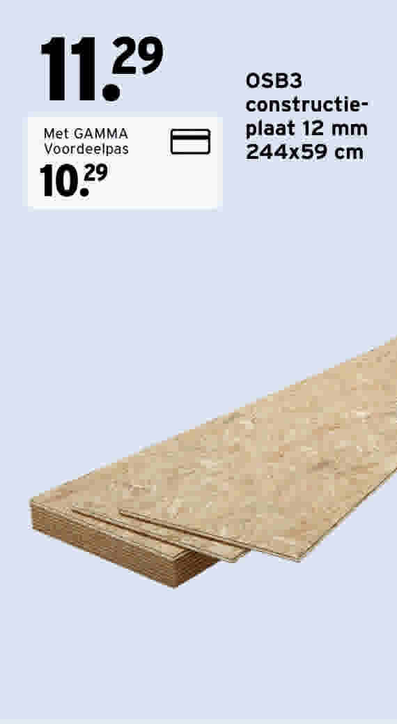 OSB3 constructieplaat van 12 mm dik en 244x59 cm groot, gestapeld op een lichtblauwe achtergrond.
