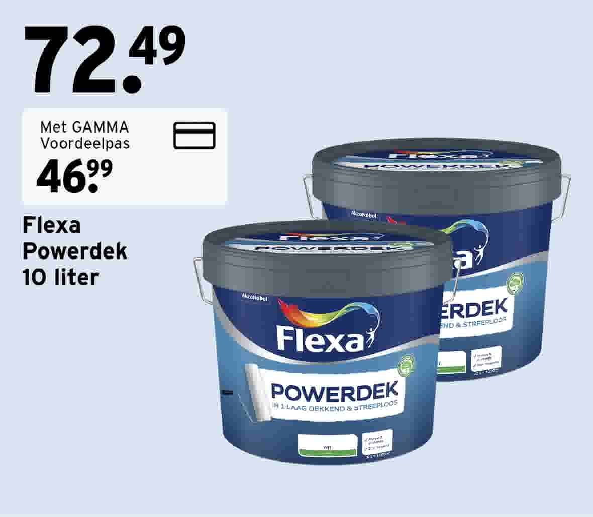 Flexa Powerdek 10 liter, van €72,49 voor €46,99 met de GAMMA Voordeelpas. Twee blauwe emmers Flexa Powerdek wit.