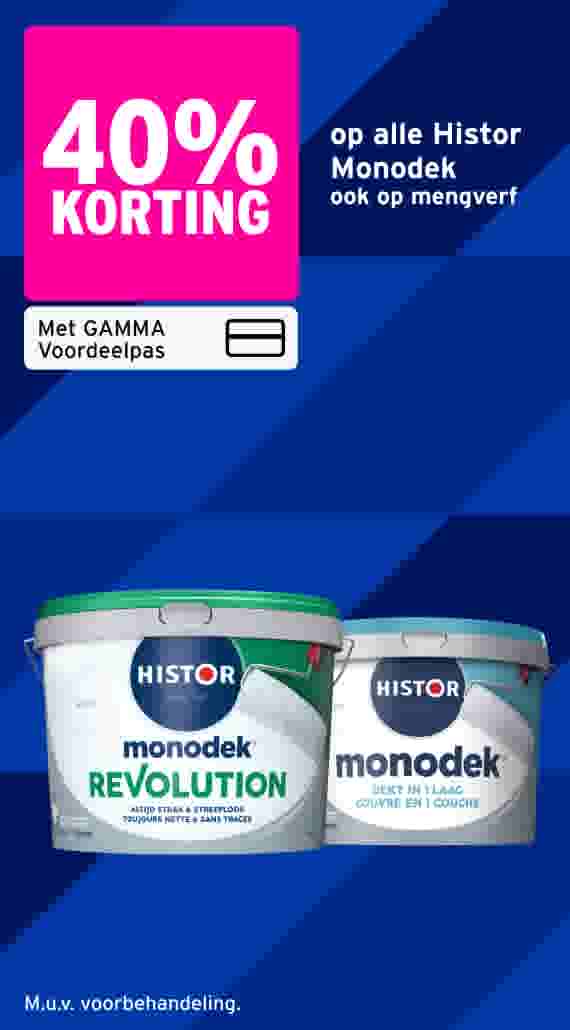 40% korting op Histor Monodek verf met GAMMA Voordeelpas, twee verfblikken afgebeeld op blauwe achtergrond